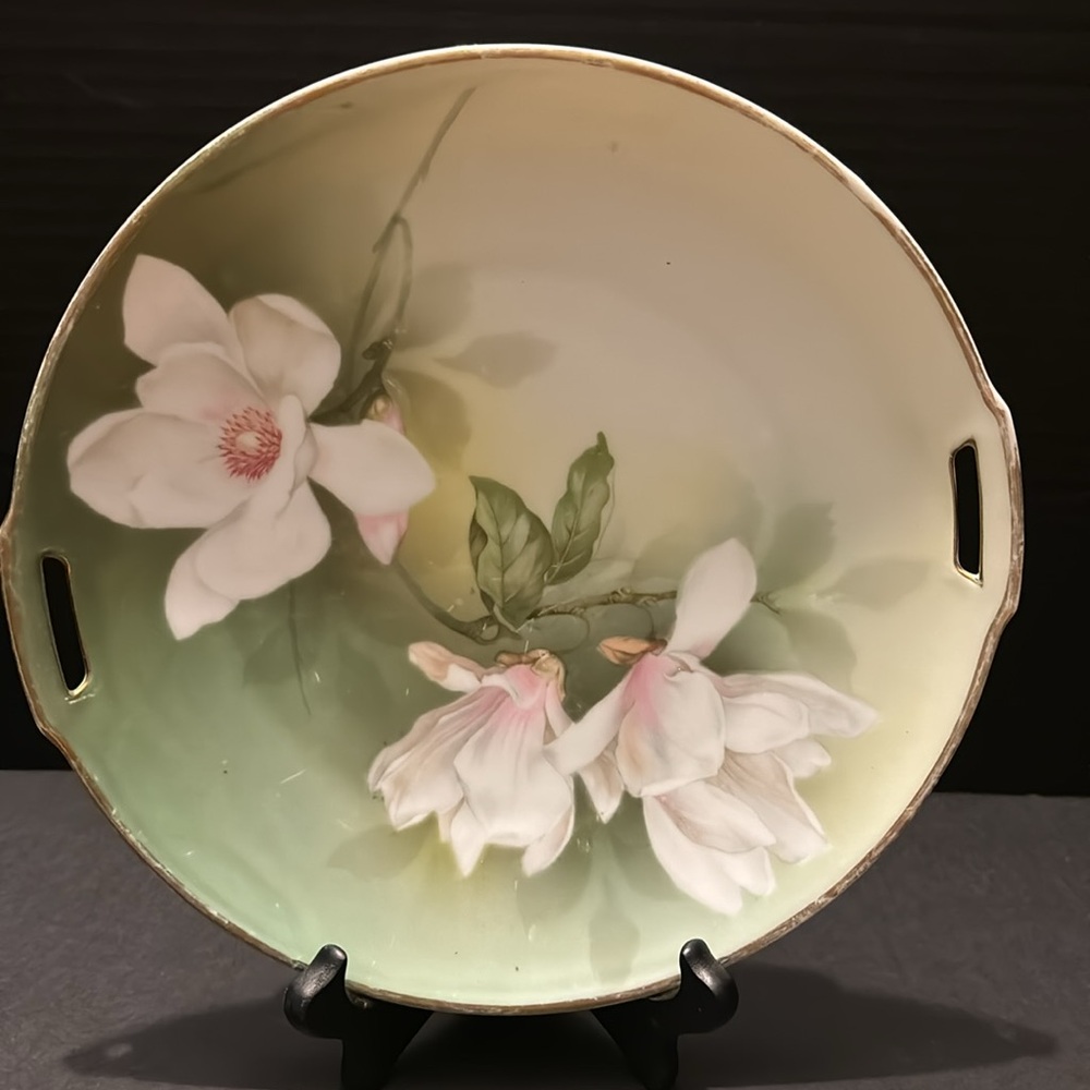Cake plate handpainted dogwood flowers Stamped RS Germany. 1800s.
